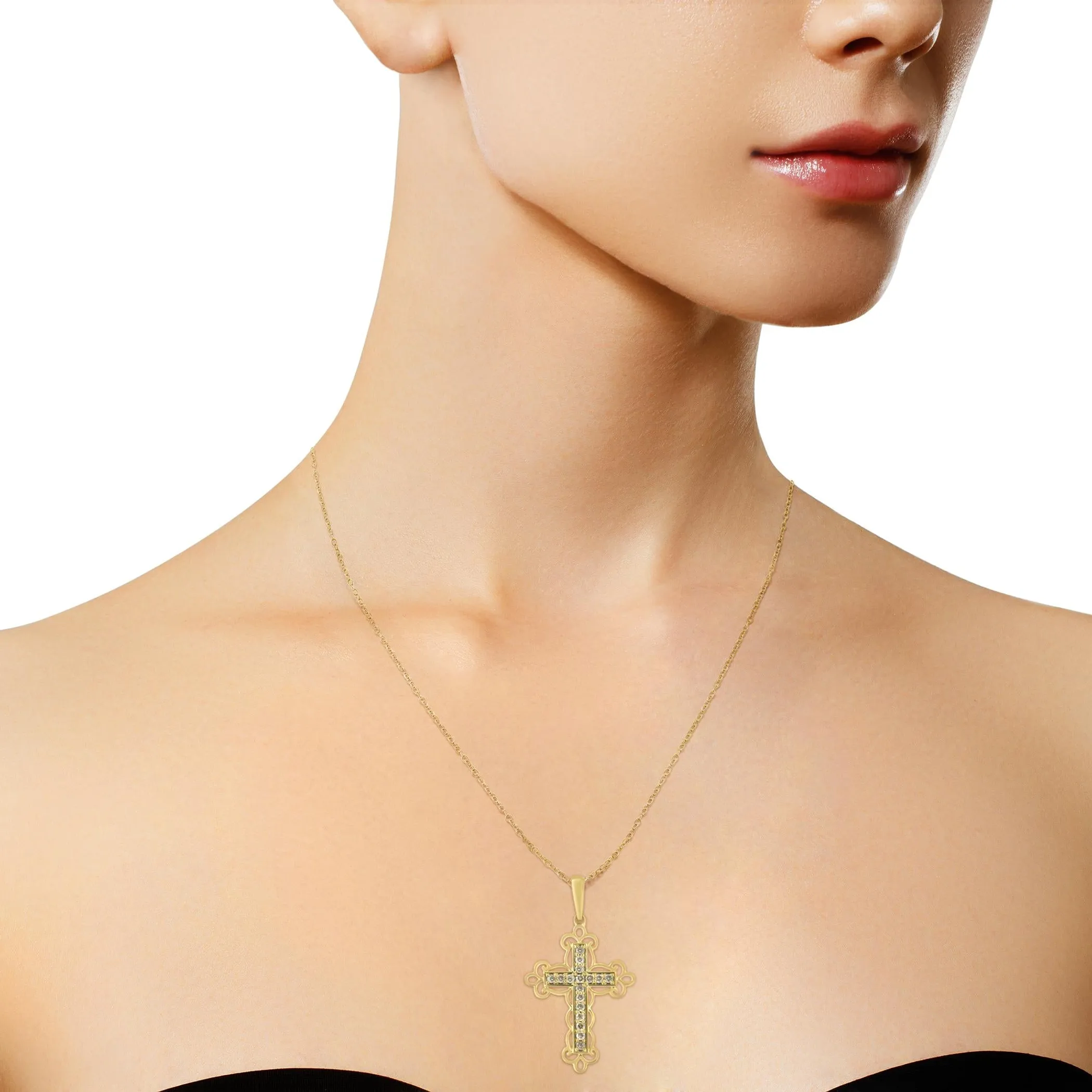 10K Yellow Flashed .925 Sterling Silver 1/4 Cttw Champagne Diamond Filigree Cross Pendant Necklace (K-L Color, I1-I2 Clarity) - 18"