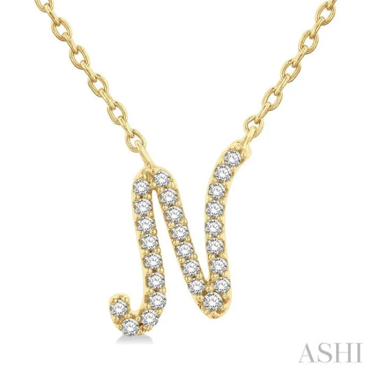 1/10 Ctw Initial 'N' Round cut Diamond Pendant With Chain in 10K Yellow Gold