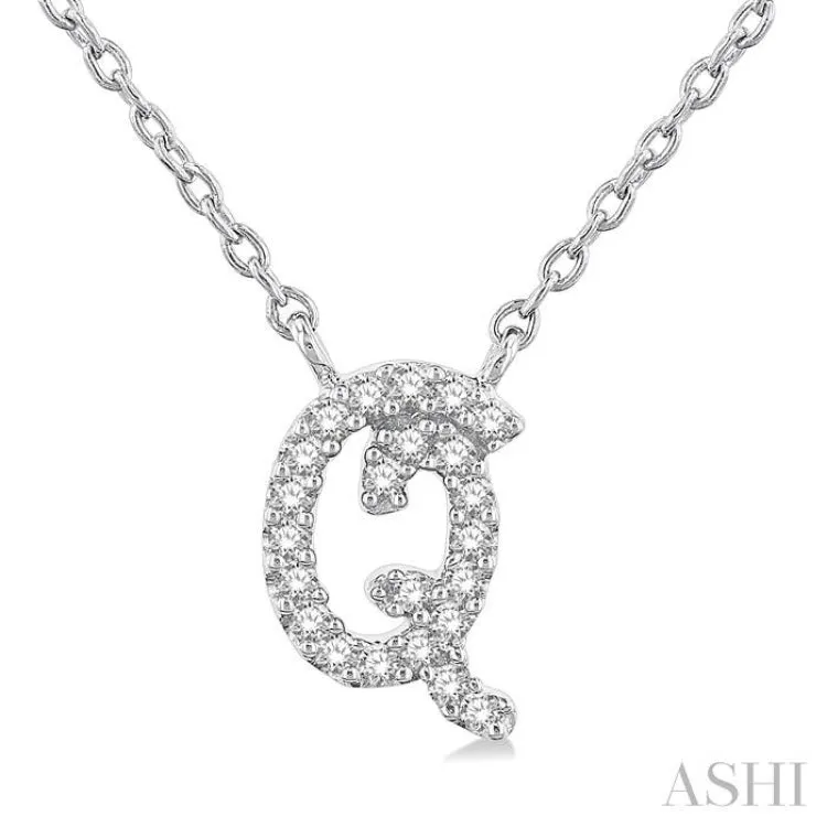 1/10 Ctw Initial 'Q' Round cut Diamond Pendant With Chain in 14K White Gold