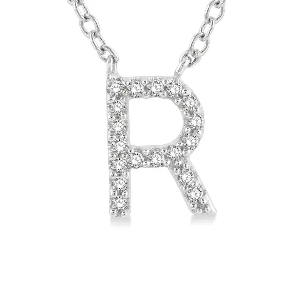 1/20 ctw Initial 'R' Round Cut Diamond Pendant With Chain in 10K White Gold