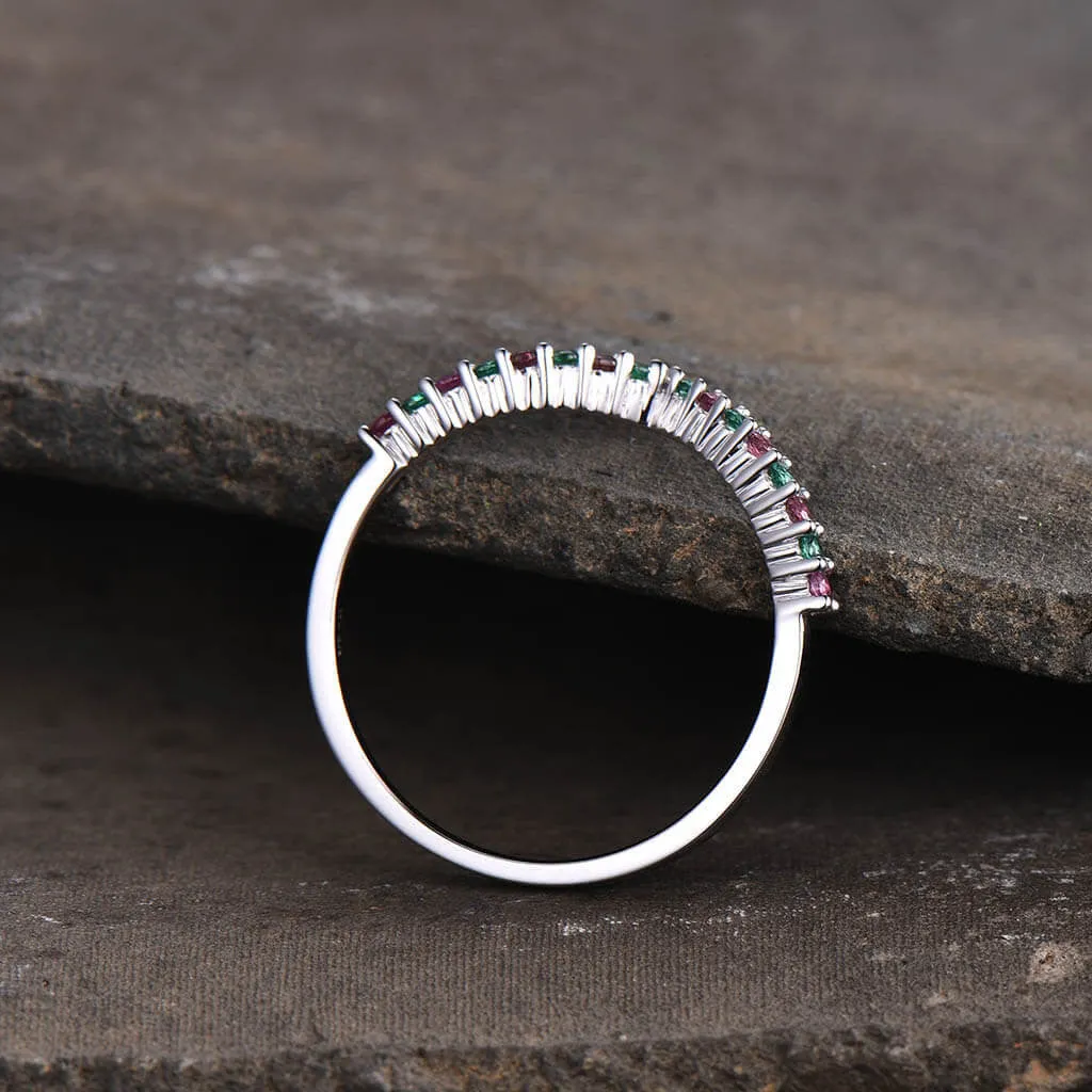 14K /18K Custom Pink Tourmaline  And Emerald White Gold Curved Wedding band