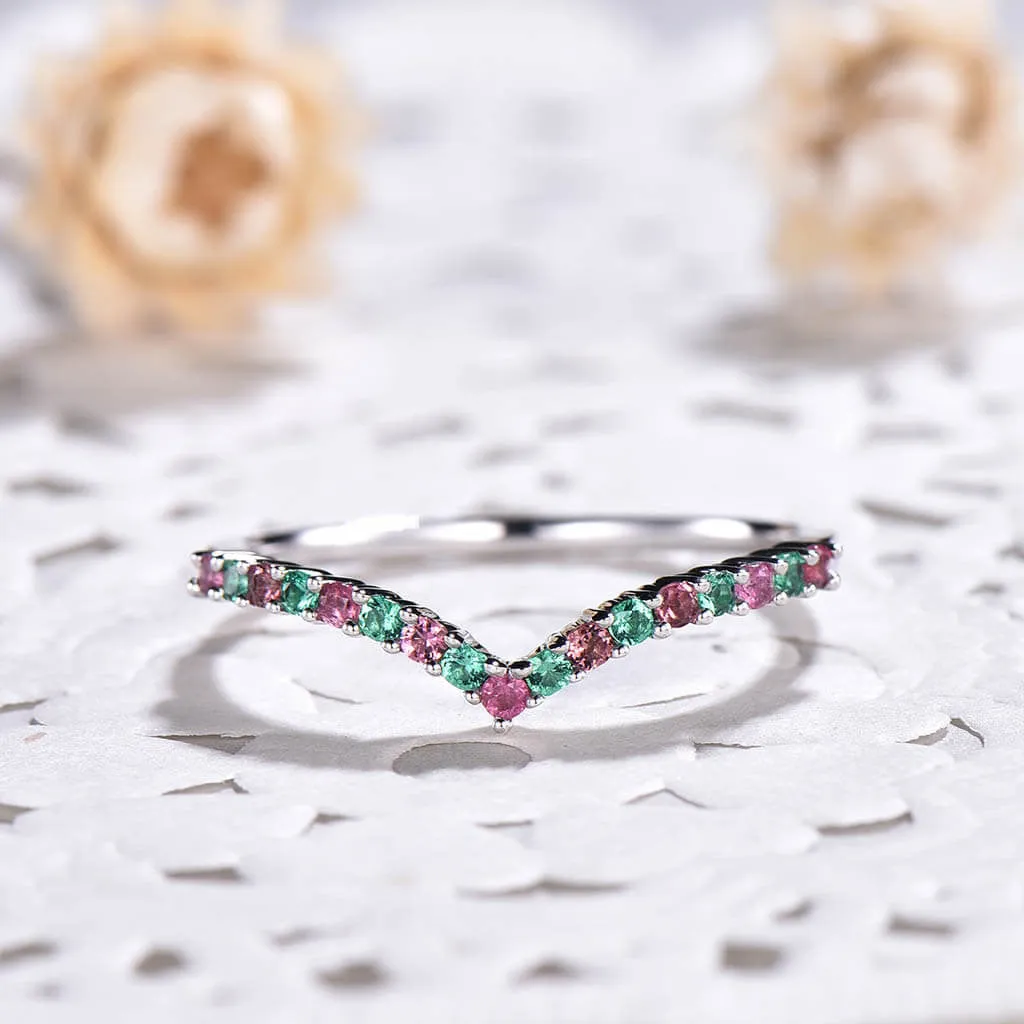 14K /18K Custom Pink Tourmaline  And Emerald White Gold Curved Wedding band