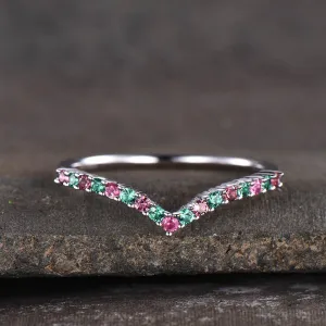 14K /18K Custom Pink Tourmaline  And Emerald White Gold Curved Wedding band