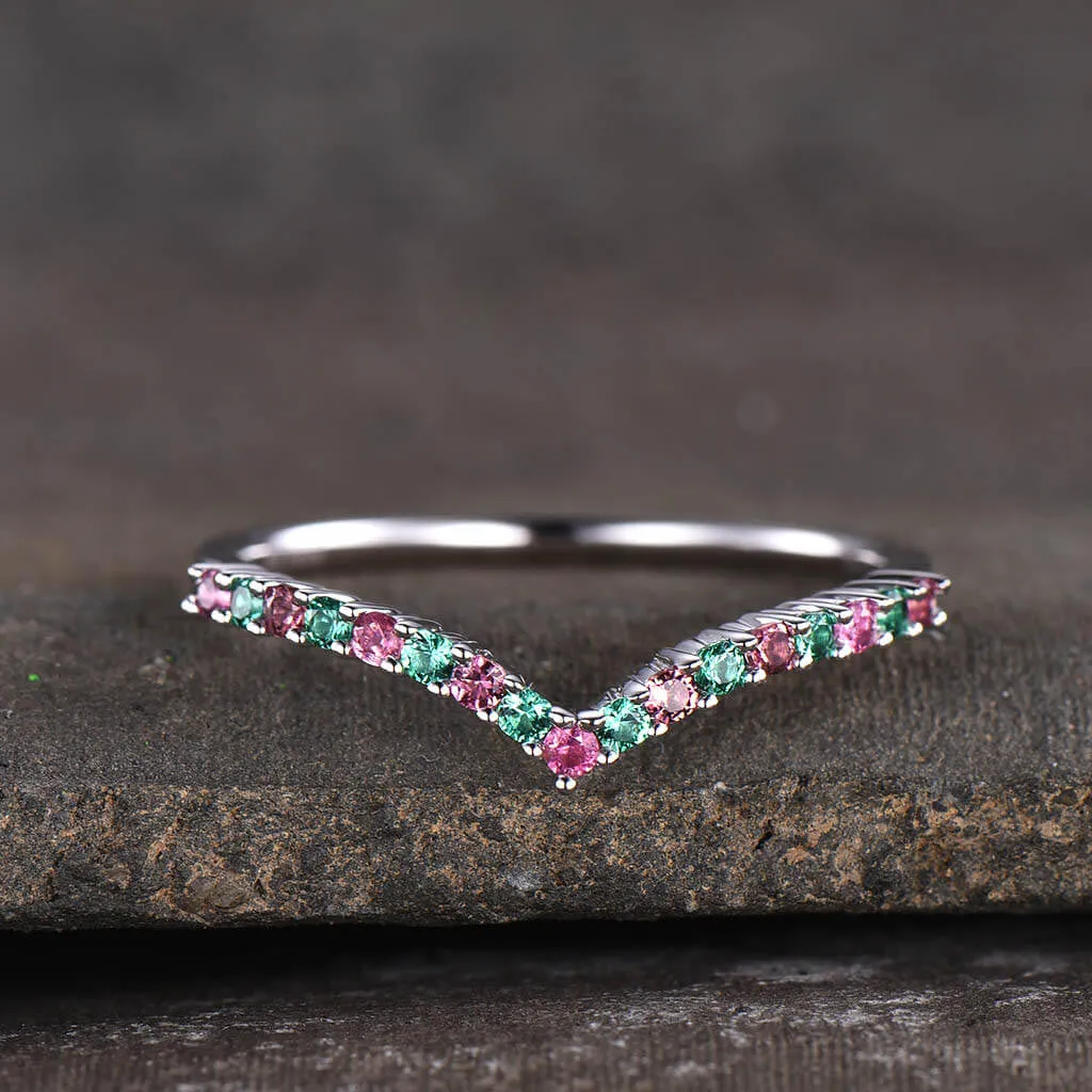 14K /18K Custom Pink Tourmaline  And Emerald White Gold Curved Wedding band