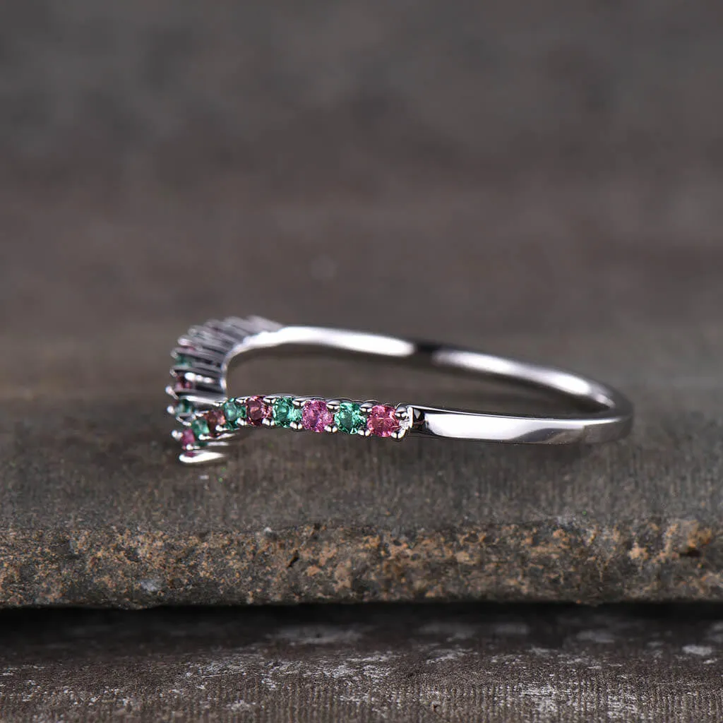 14K /18K Custom Pink Tourmaline  And Emerald White Gold Curved Wedding band