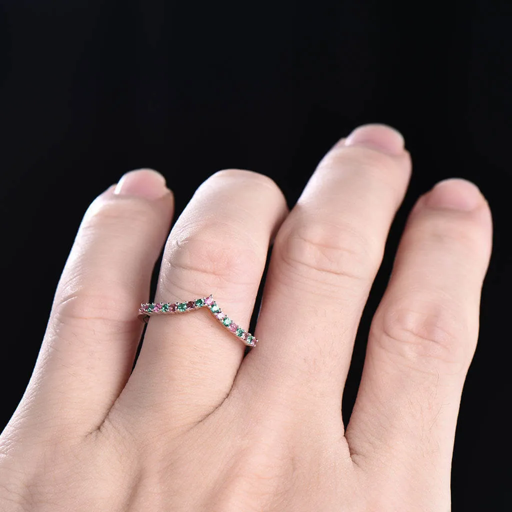 14K /18K Custom Pink Tourmaline  And Emerald White Gold Curved Wedding band