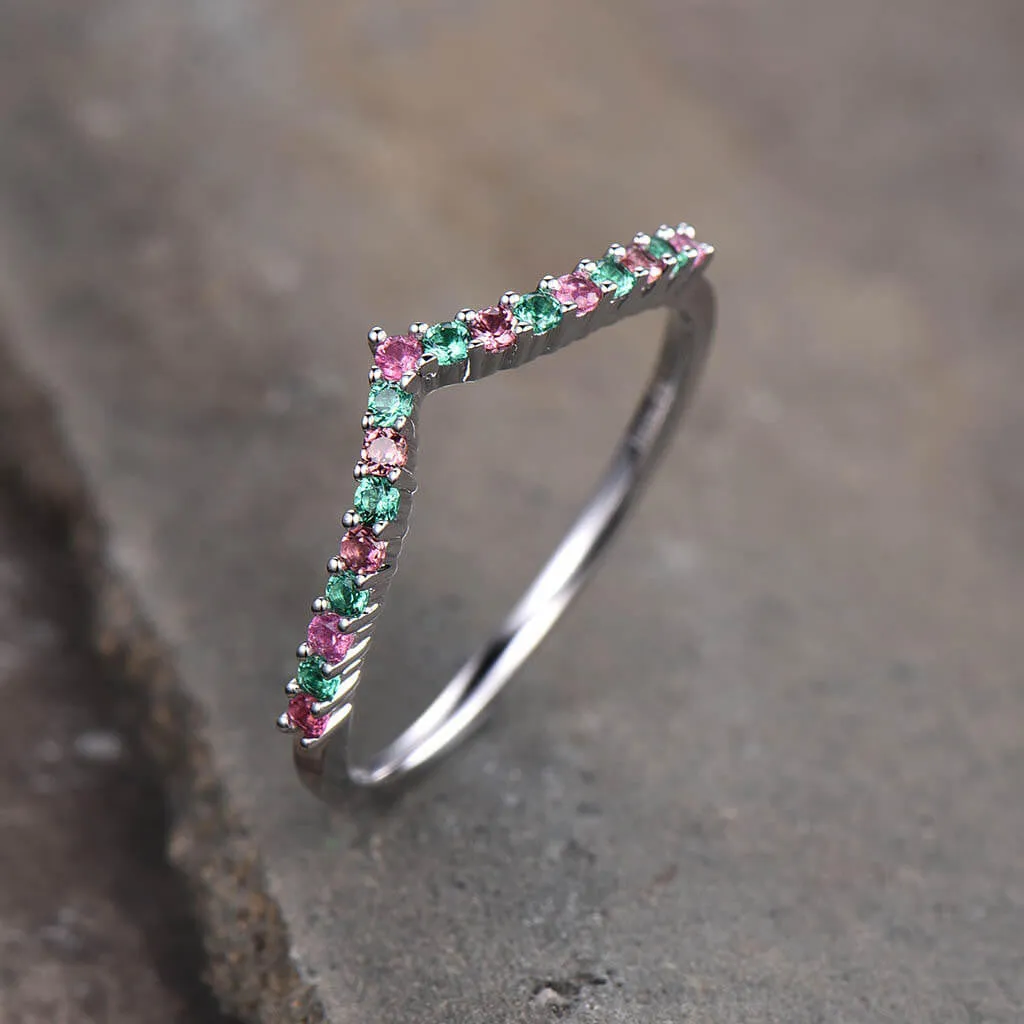 14K /18K Custom Pink Tourmaline  And Emerald White Gold Curved Wedding band