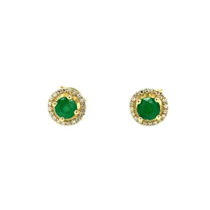 14K Yellow Gold 0.55ctw Round Emerald & Diamond Halo Stud Earrings