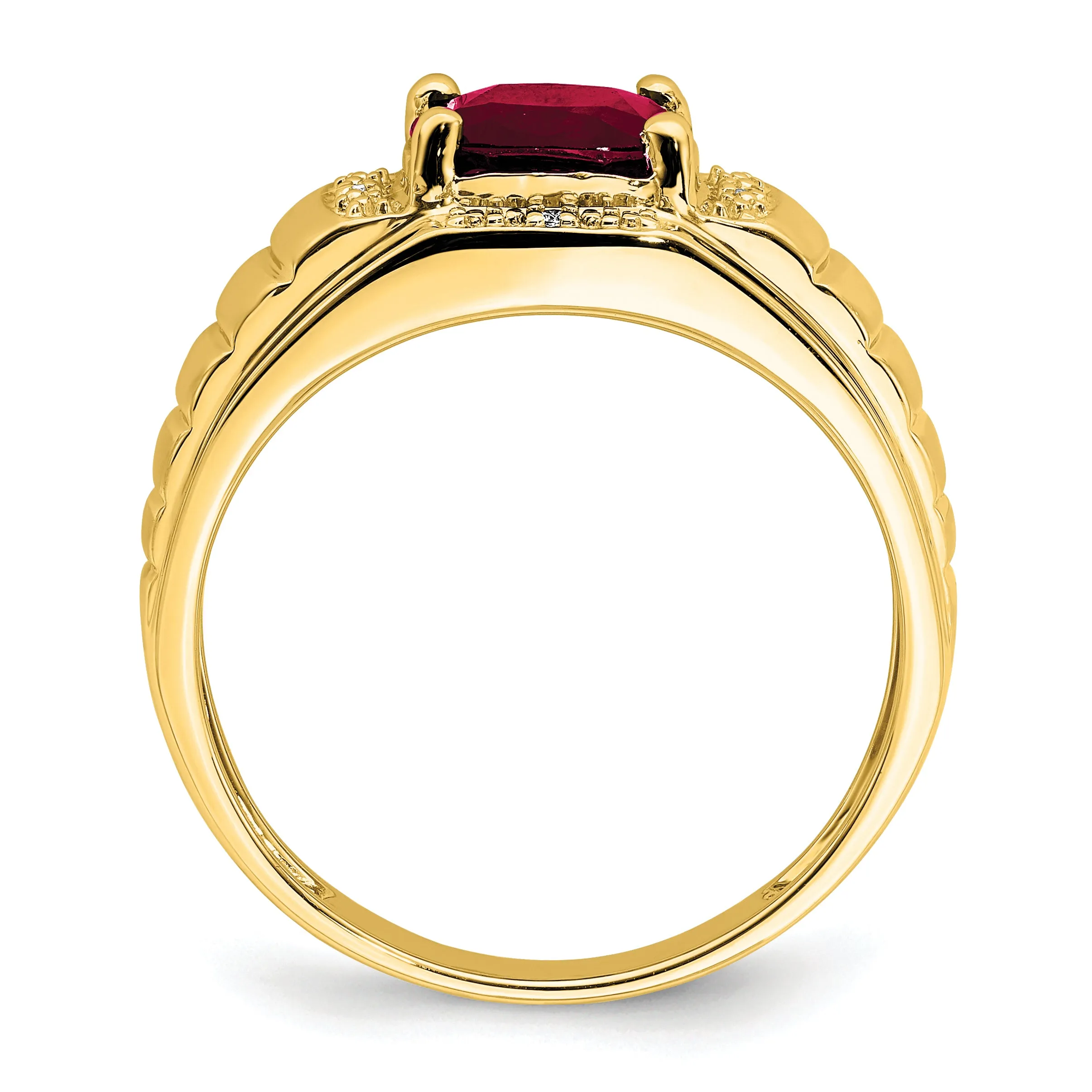 14k Yellow Gold Cushion Created Ruby, Diamond Mens Ring