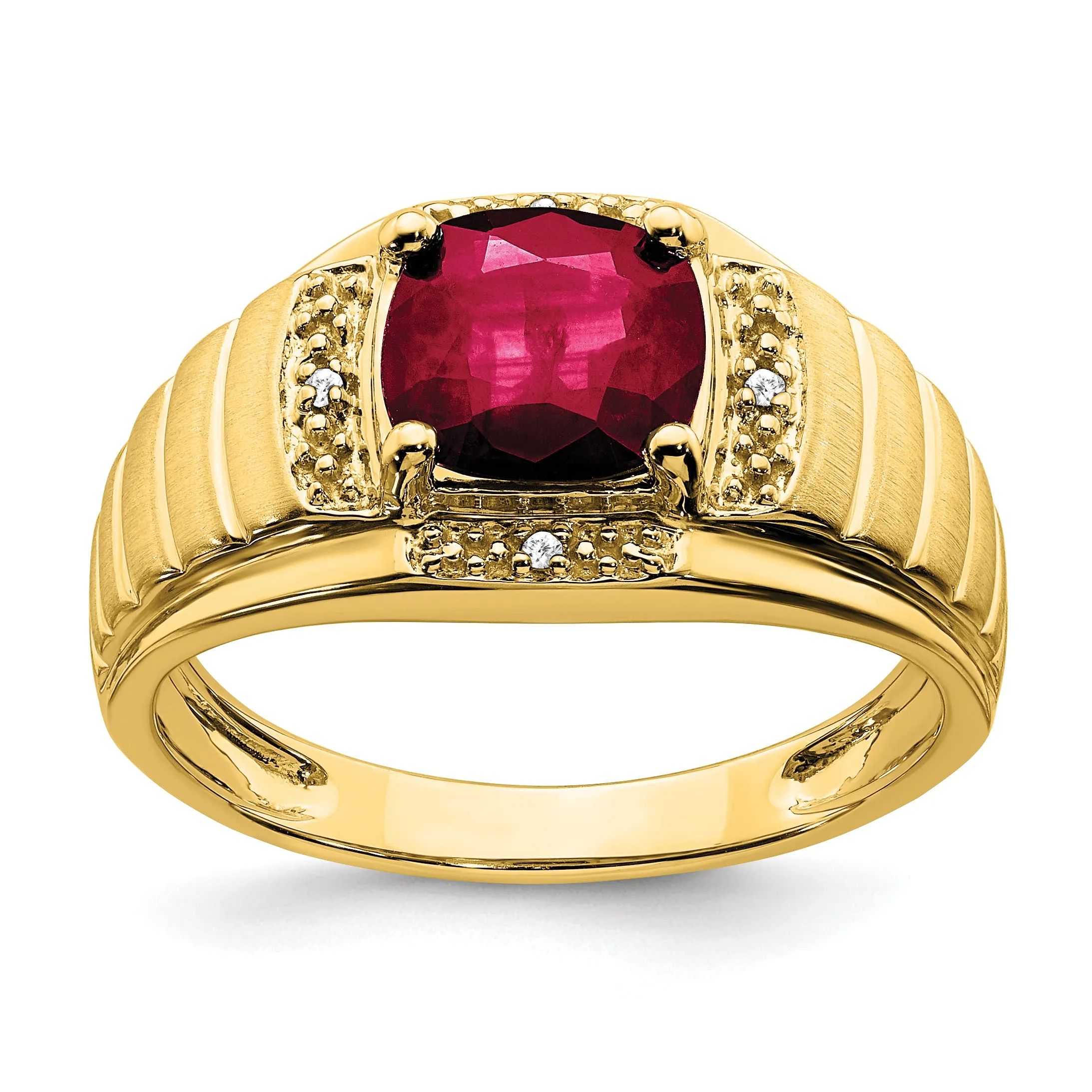 14k Yellow Gold Cushion Created Ruby, Diamond Mens Ring