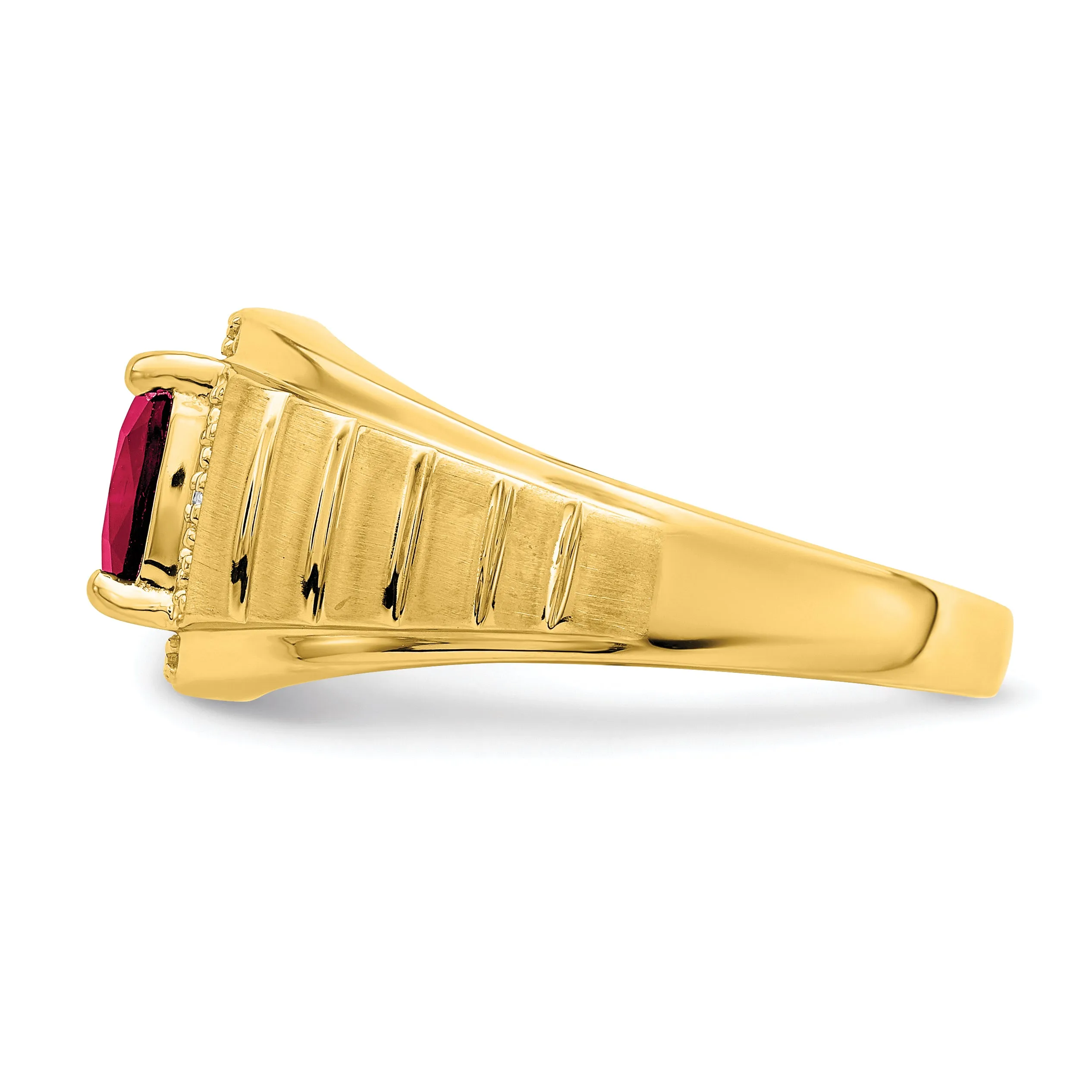 14k Yellow Gold Cushion Created Ruby, Diamond Mens Ring