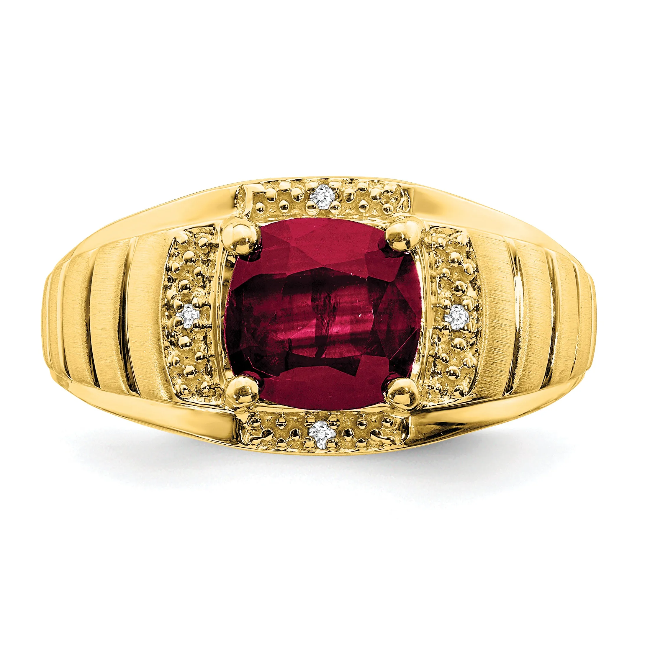 14k Yellow Gold Cushion Created Ruby, Diamond Mens Ring