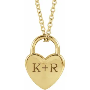 14K Yellow Gold Engravable Initials Heart Lock Pendant 16-18" Necklace