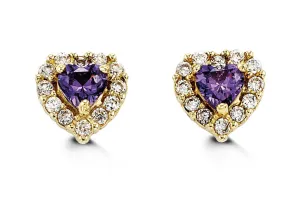 14K Yellow Gold Purple Cubic Zirconia Heart Kid's Stud Earrings