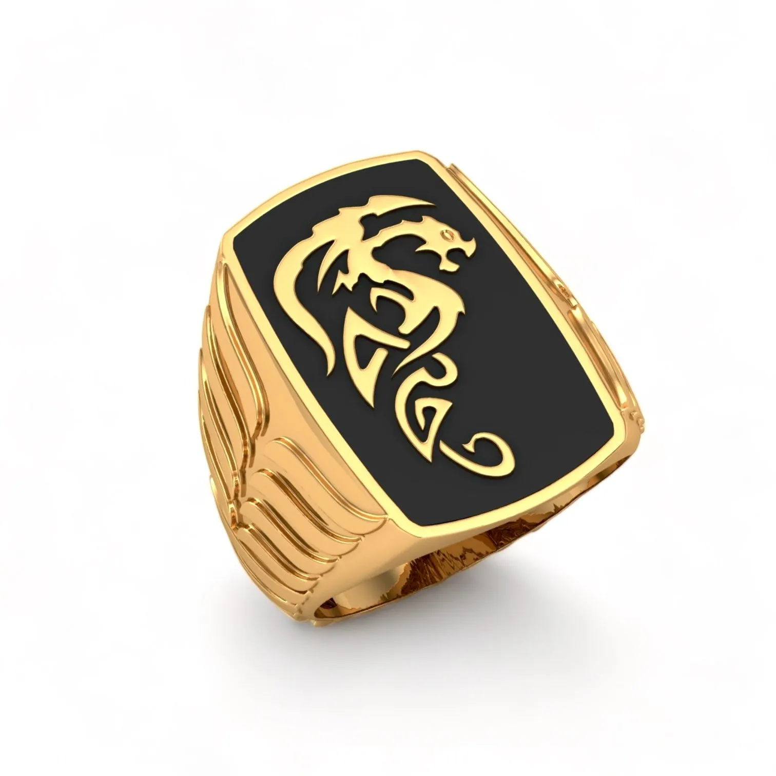 14K Yellow gold solid tribal dragon man ring black enamel-62838