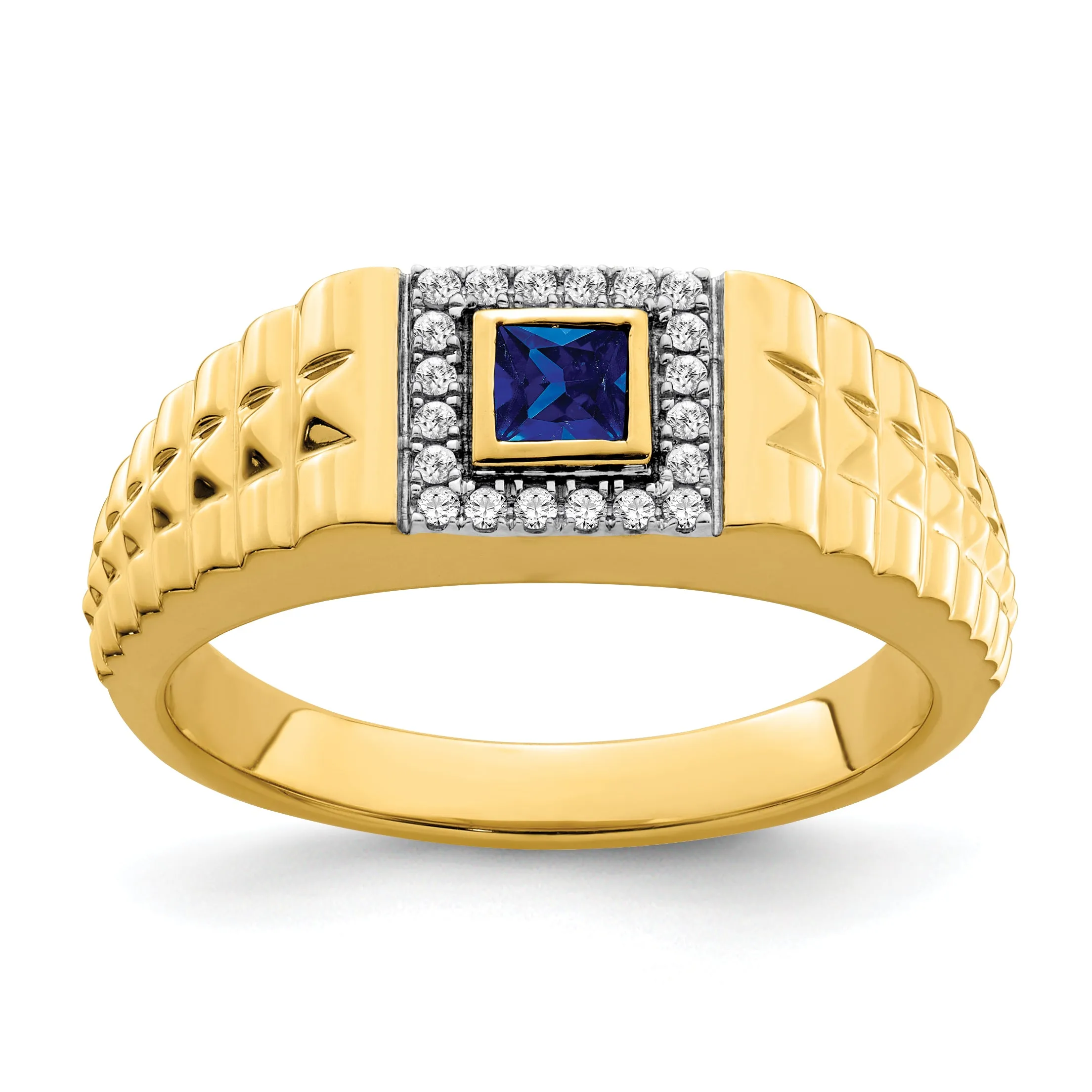 14k Yellow Gold Square Sapphire and Diamond Mens Ring