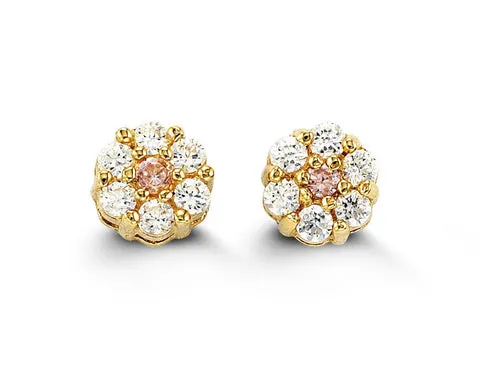 14K Yellow Gold White & Pink Cubic Zirconia Cluster Kid's Stud Earrings