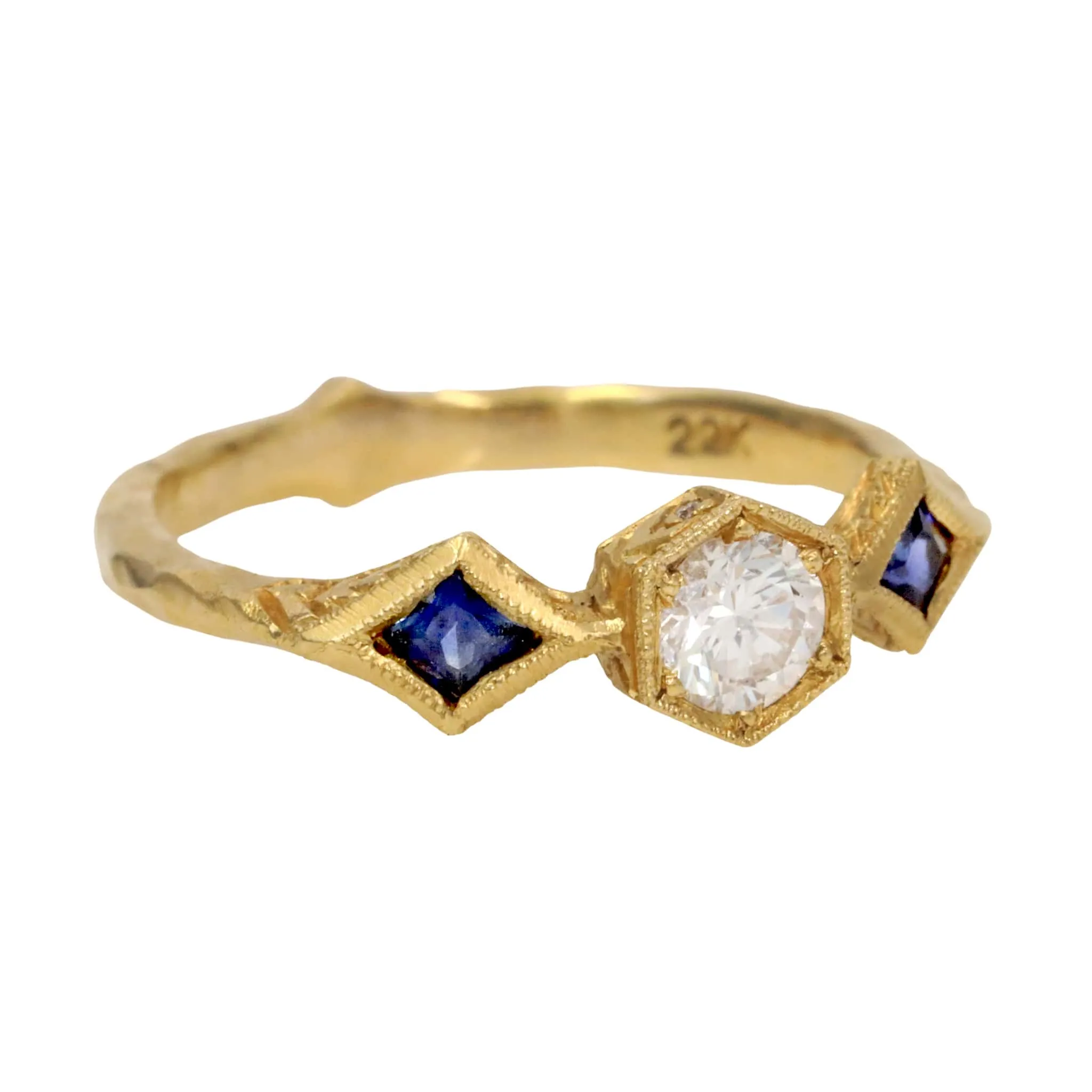 22K Gold Diamond Ring with Blue Sapphires