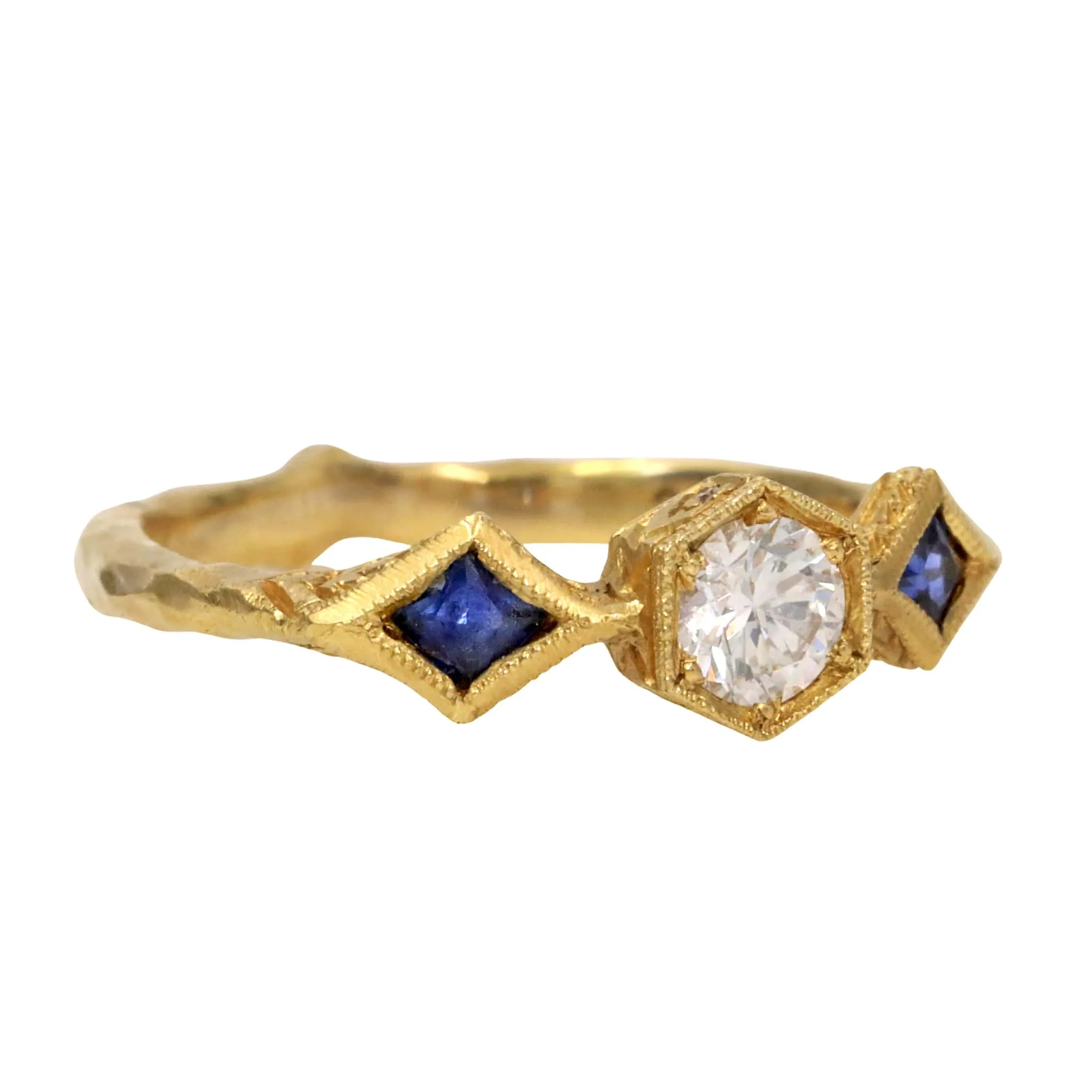 22K Gold Diamond Ring with Blue Sapphires