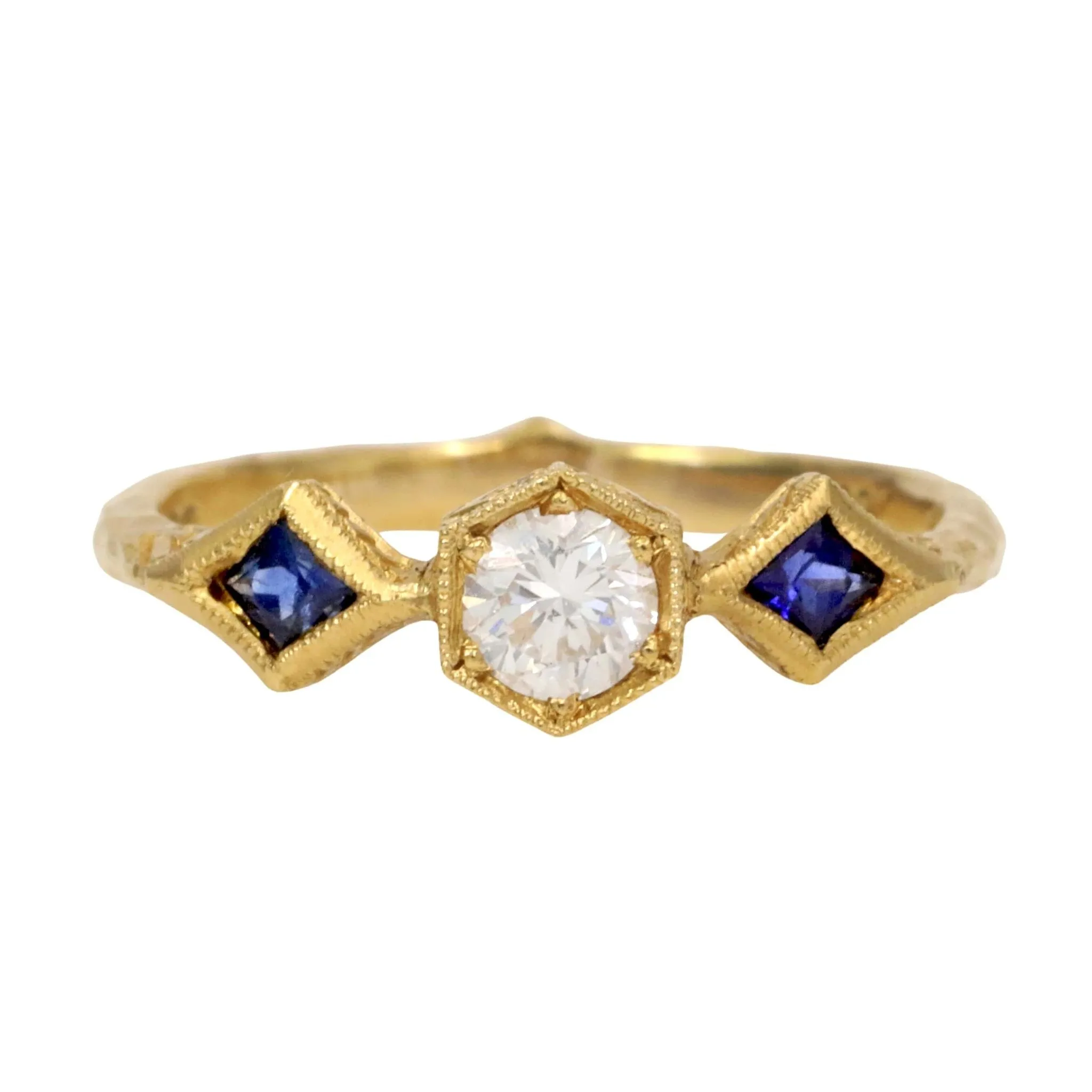 22K Gold Diamond Ring with Blue Sapphires