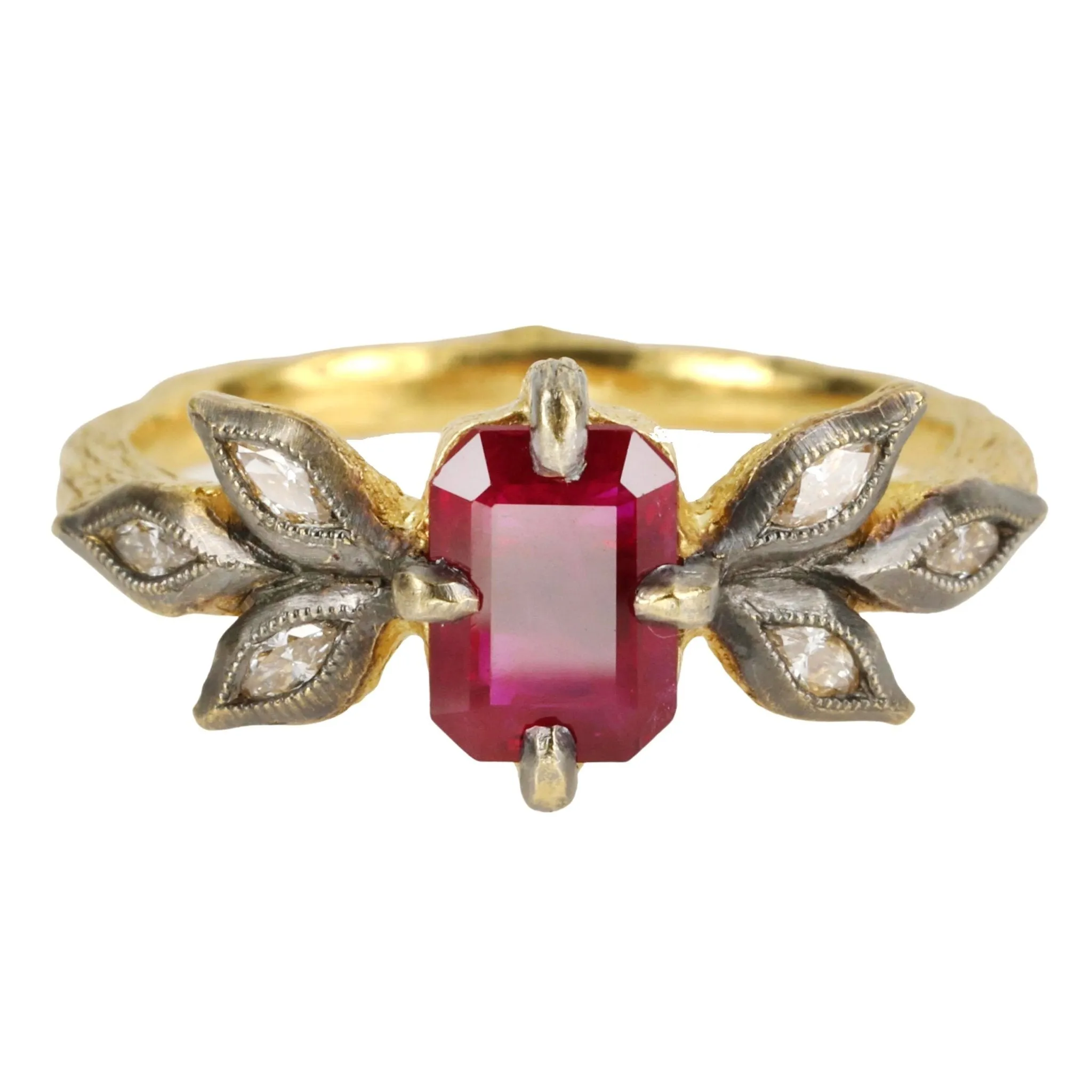 22K Ruby Ring with Blackened Diamond Leaves