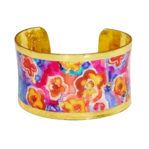 22K Yellow Gold Leaf Colorful Flowers Cuff Bracelet