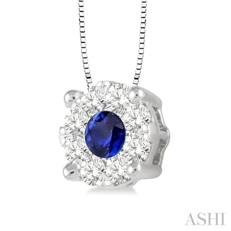 3.8 mm Round Cut Sapphire and 1/3 Ctw Lovebright Pendant in 14K White Gold with Chain