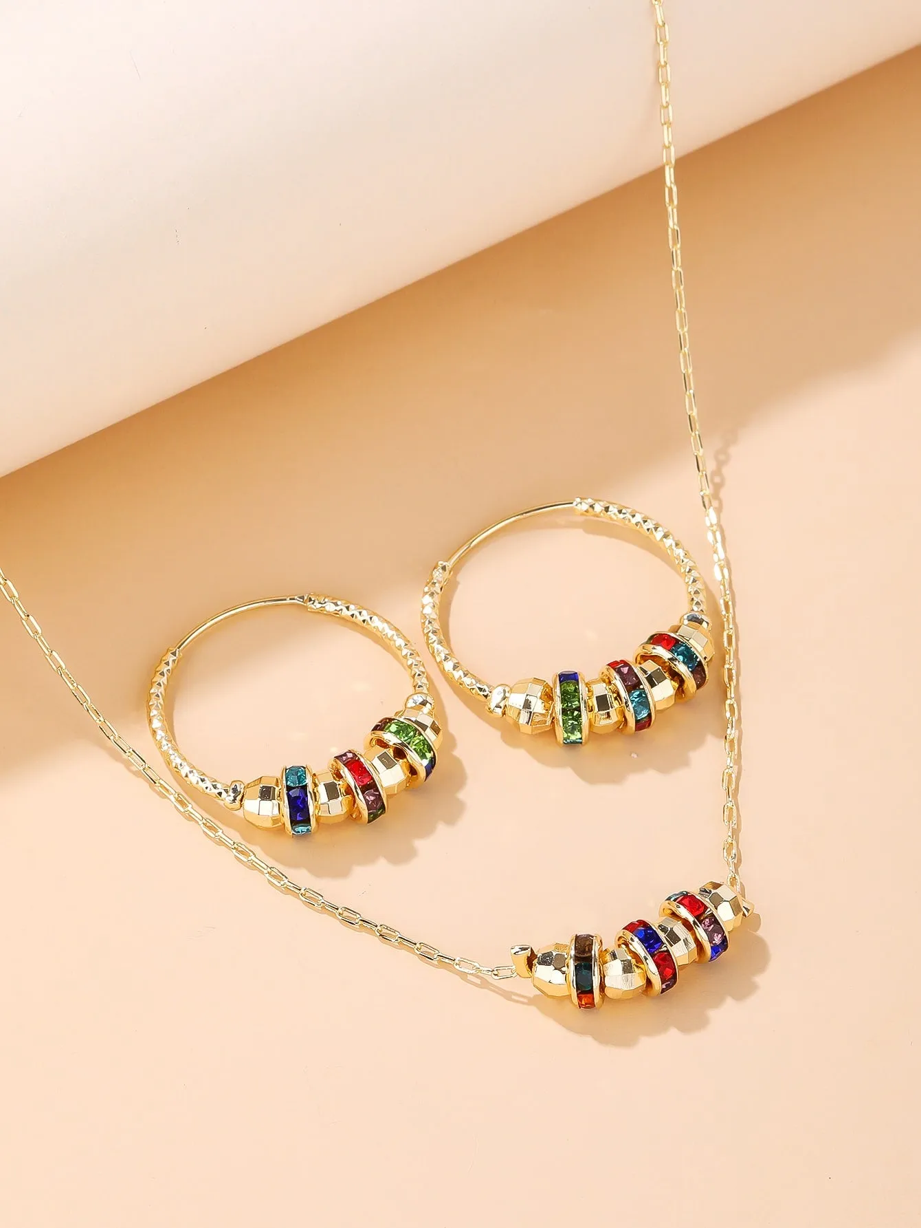 3pcs Colorful Rhinestone & Bead Decor Necklace and Earrings Jewelry Set Jewelry