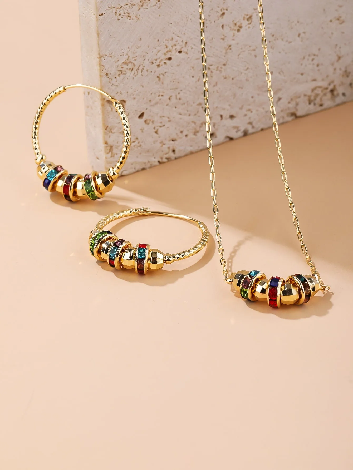 3pcs Colorful Rhinestone & Bead Decor Necklace and Earrings Jewelry Set Jewelry