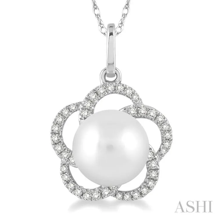 7x7 MM Cultured Pearl and 1/8 Ctw Round Cut Diamond Pendant in 14K White Gold with Chain