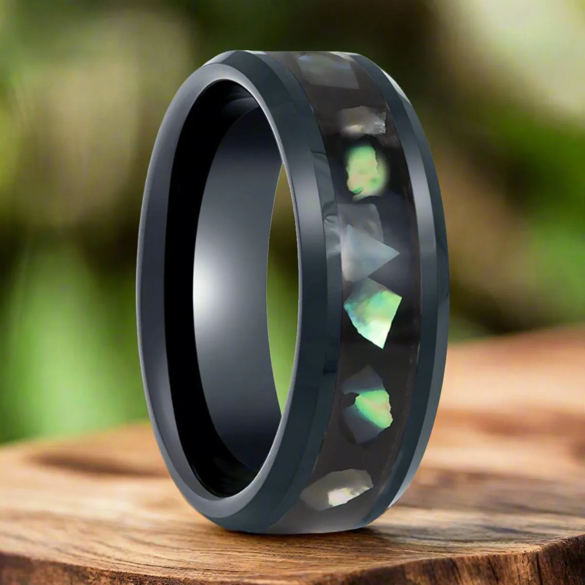 ABALONX | Black Tungsten Ring, Black Resin & Abalone Shell Inlay