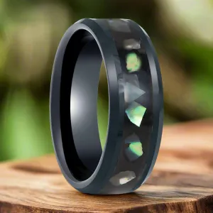 ABALONX | Black Tungsten Ring, Black Resin & Abalone Shell Inlay