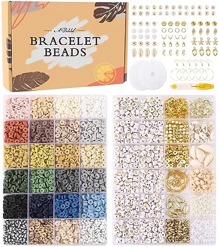 ADIIL 7200 Pcs Clay Beads Bracelet Making Kit, 24 Neutral Colors 6mm Polymer Clay Beads for Jewelry Making, Friendship Bracelet Heishi Beads with Letter Beads Gift for Adults