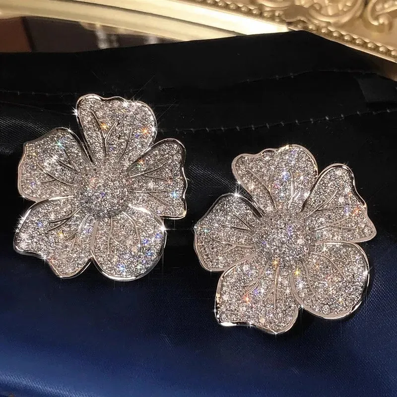 Aesthetic Big Flower Cubic Zirconia Design Earrings for Women