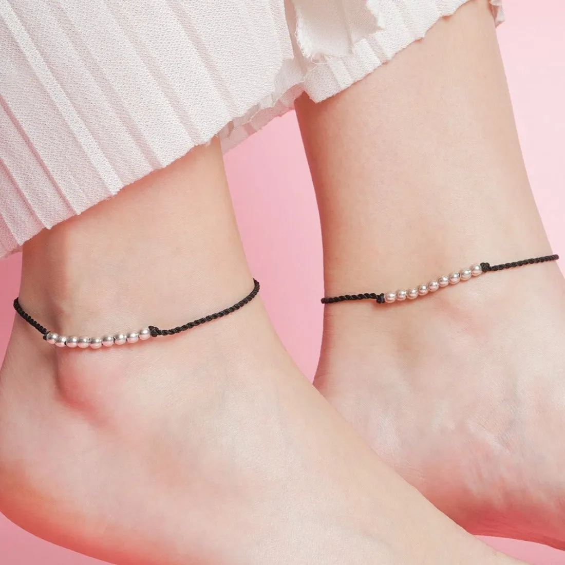 Beads Line Rhodium Plated 925 Sterling Silver Thread Anklet