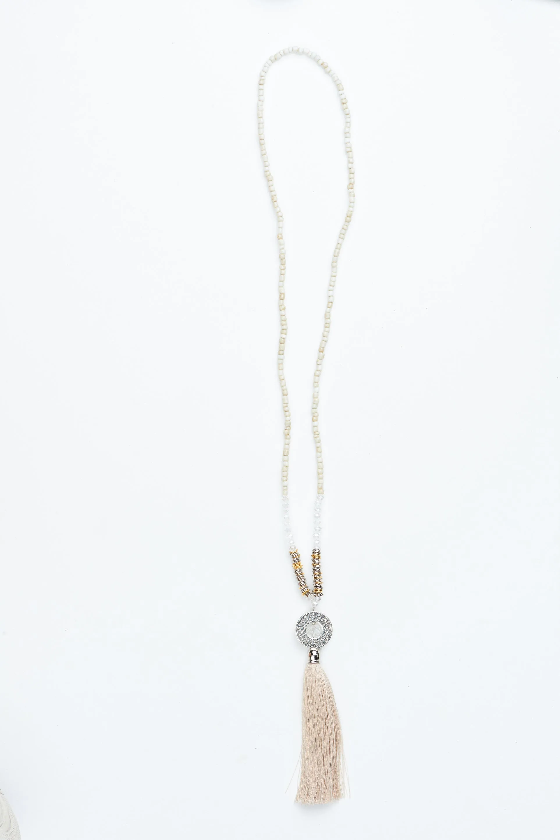 Beige Circle Pendant Tassel Necklace