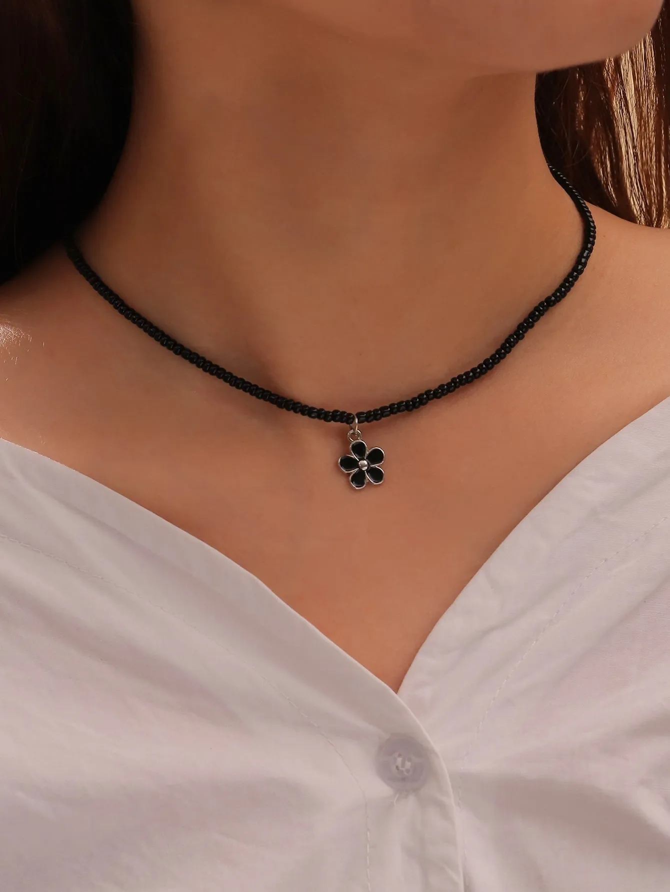 Black Flower Charm Beaded Necklace for Women Girls Accessories Jewelry Gifts