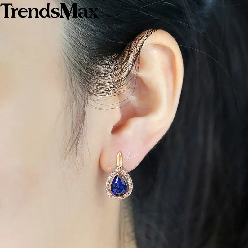 Blue Teardrop CZ Stone Stud Earrings with Vintage Charm