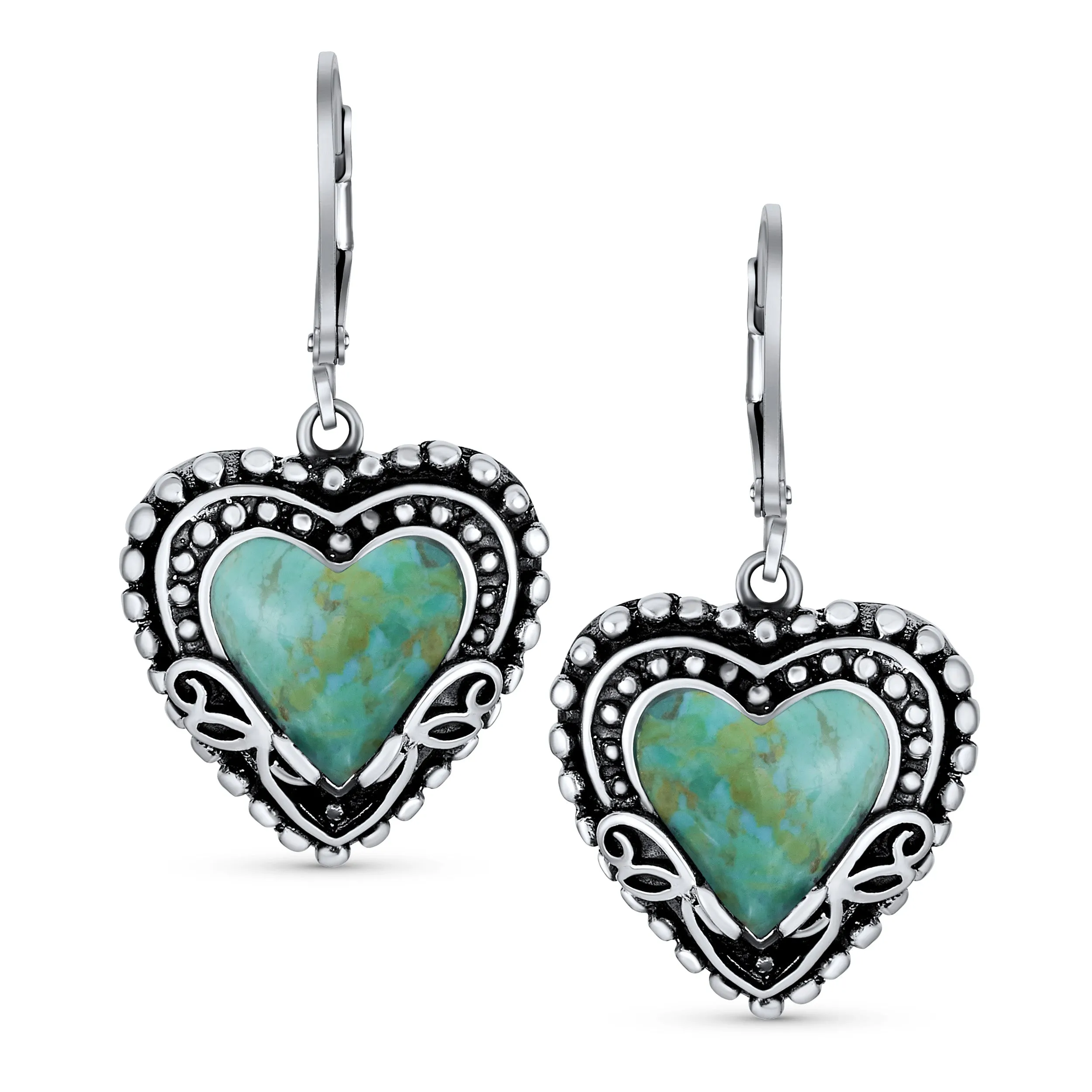 Boho Bali Dangle Gemstone Earrings Turquoise Heart Sterling Silver Leverback