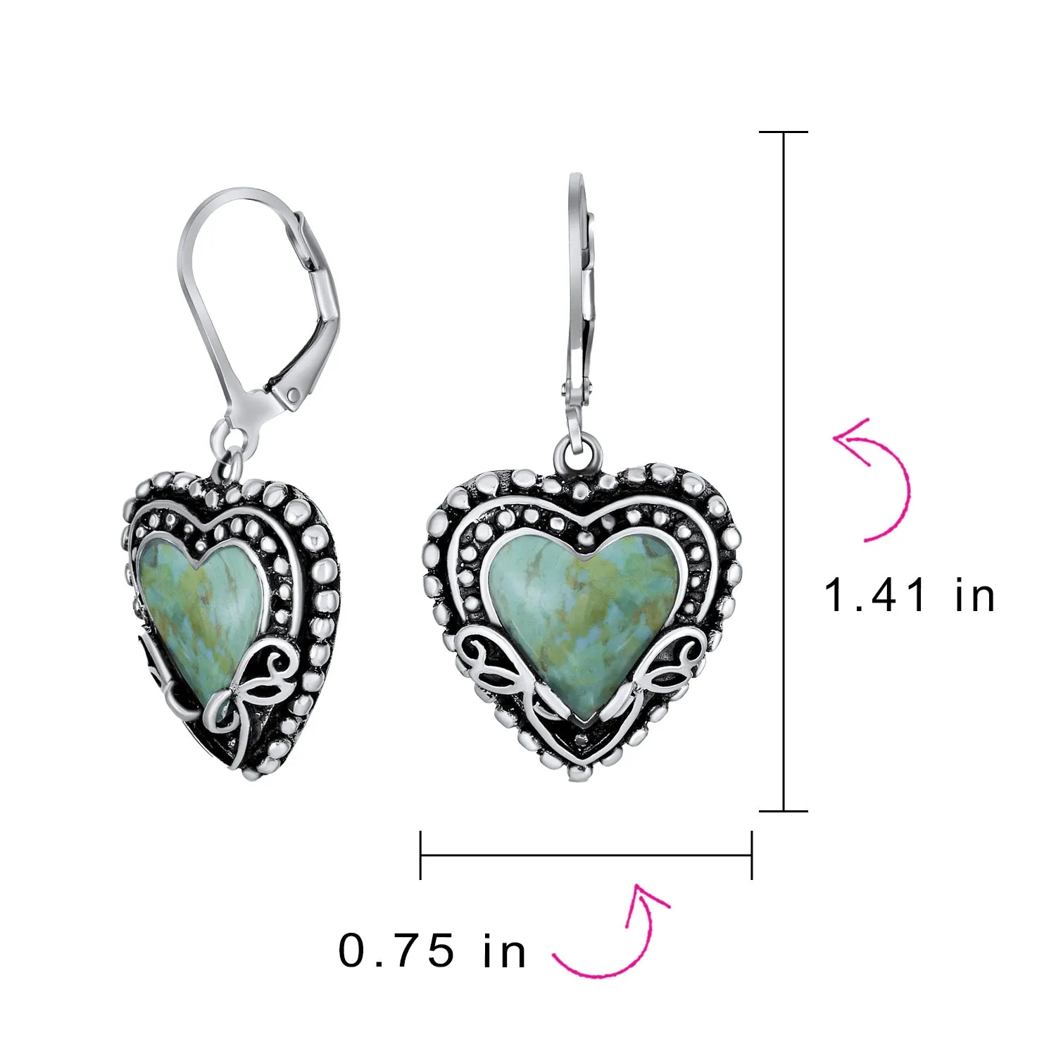 Boho Bali Dangle Gemstone Earrings Turquoise Heart Sterling Silver Leverback