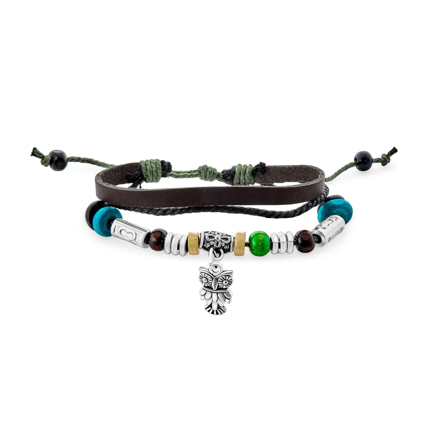 Boho Zen Bird Triple Wrap Bracelet with Turquoise Beads and Owl Charm for Men