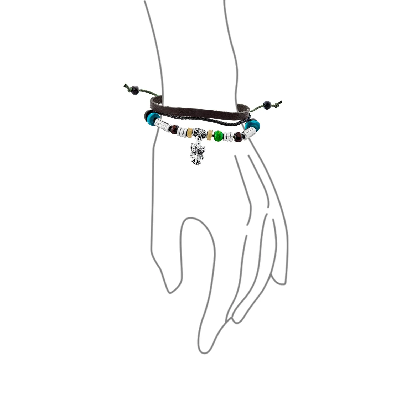 Boho Zen Bird Triple Wrap Bracelet with Turquoise Beads and Owl Charm for Men