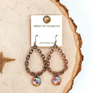 Chain Teardrop Dangle Copper Tone Earrings with AB Cushion Cut Crystal