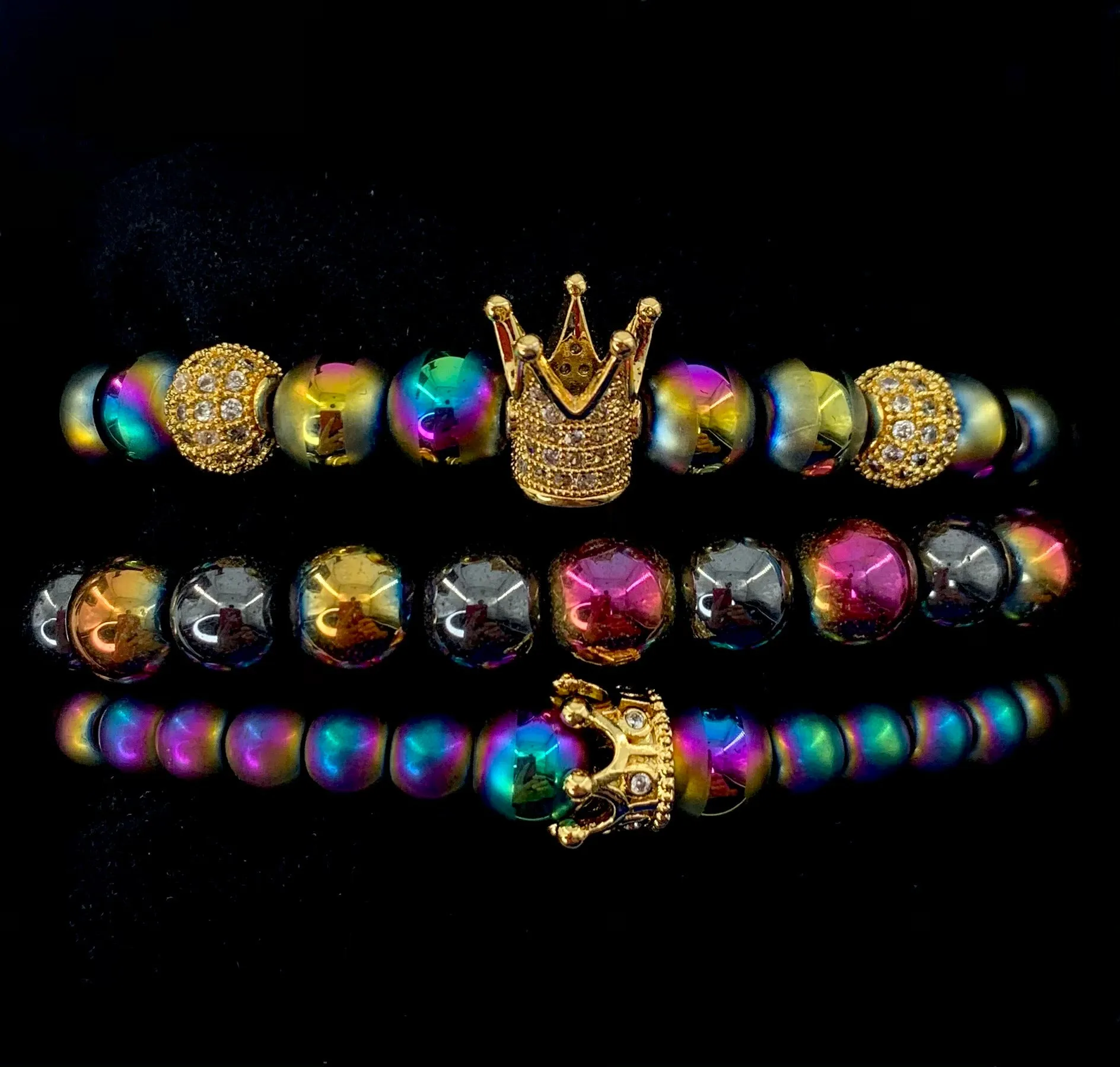 Colorful hematite stone crown charm bracelet set