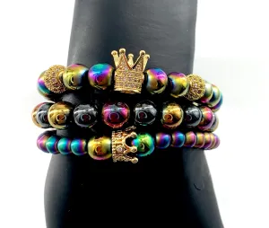 Colorful hematite stone crown charm bracelet set