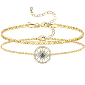 Dainty 14k Gold Plated Layering Evil Eye Anklets Set- Round Eyes 3mm Cuban