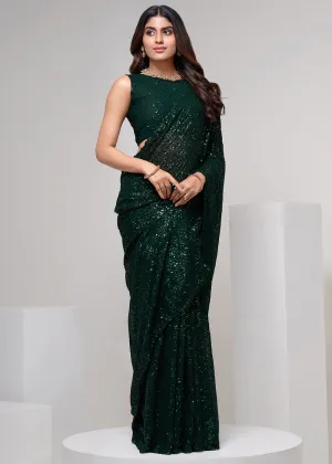 Dark Green Thread & Multi Sequins Work Party Wear Saree