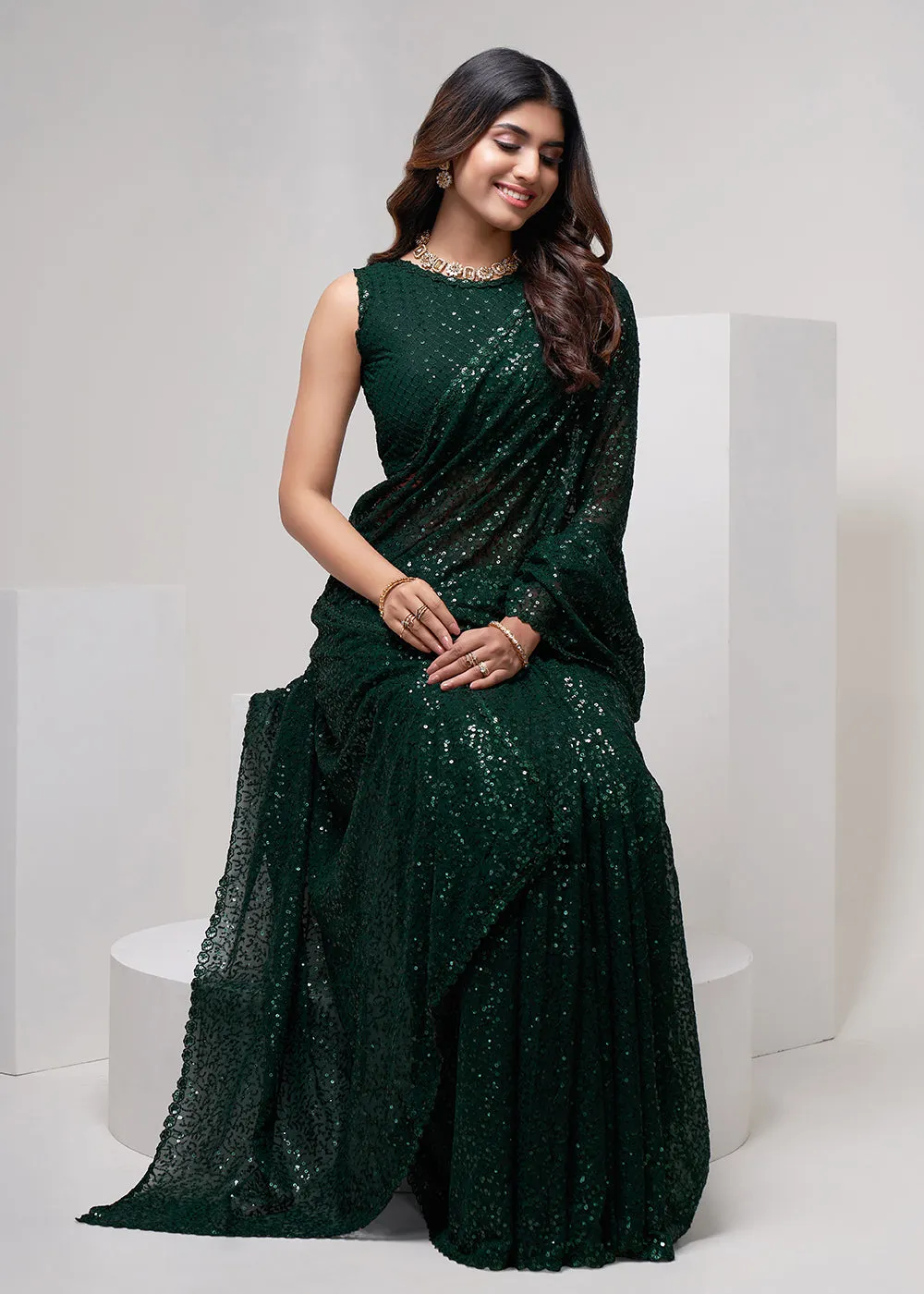 Dark Green Thread & Multi Sequins Work Party Wear Saree