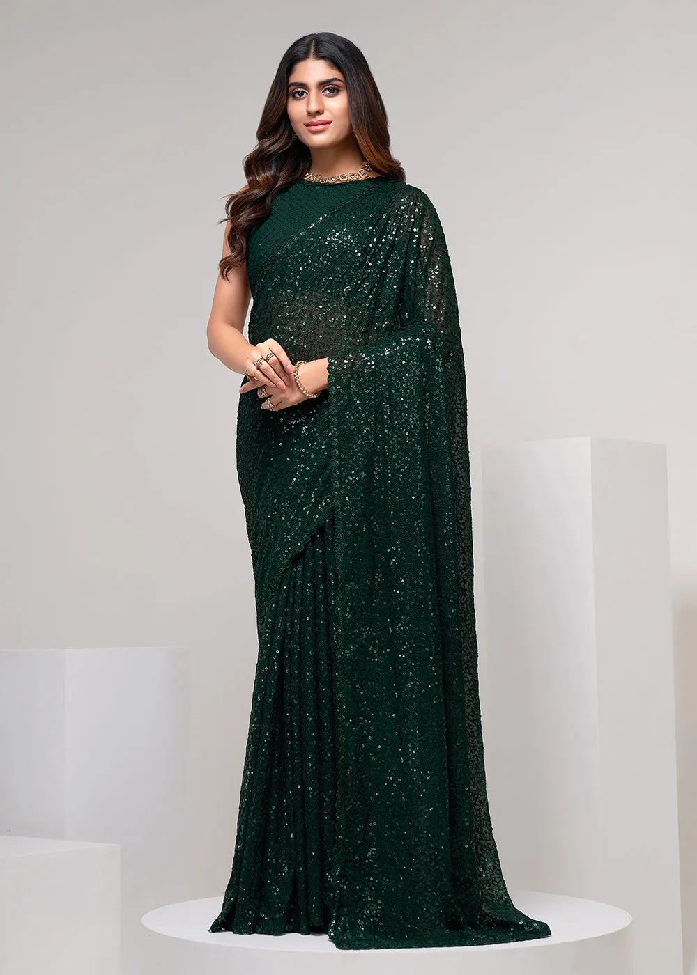 Dark Green Thread & Multi Sequins Work Party Wear Saree