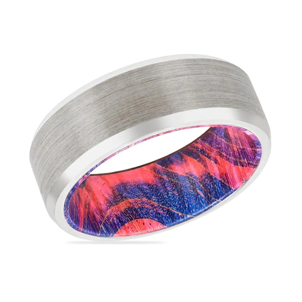 DAZZLE | Blue & Red Wood, Silver Tungsten Ring, Brushed, Beveled